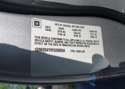 2000 Cadillac Deville z USA, uszkodzony, nr VIN 1G6KD54Y9YU306034